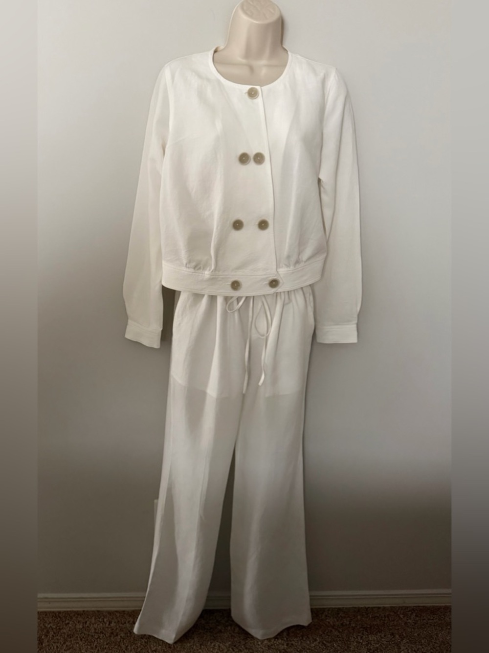 CAbi Linen Blend Cream White Wide-Leg Drawstring Pants & Button Jacket Set